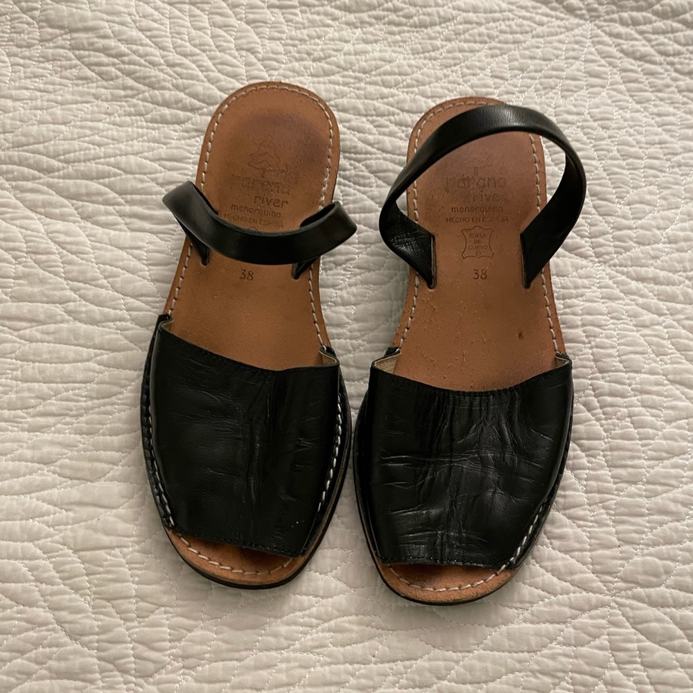 Womens Black Leather Sandals Parana River Spain Size 38